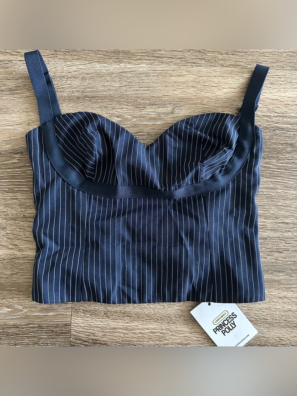 Princess Polly Briana Set Navy Pinstripe Bustier Crop Top & Wide Leg Pant US 6 - Picture 3 of 10